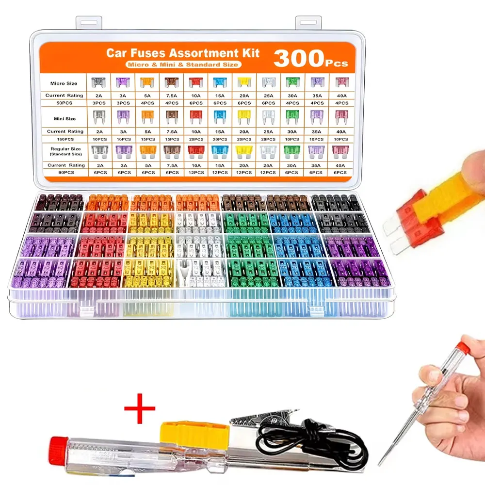 Image of 300-teiliges CarFuse-Sortiment-Set, Mini-Standard-Mikrosicherungen, 160 x Mini 90 x Standard 50 x Micro mit Extraktionswerkzeug, Aluminium, gemischte Farben