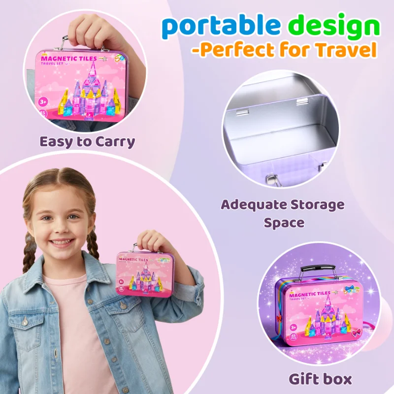 Mini carreaux magnétiques 45 pièces, ensemble de carreaux magnétiques de voyage portables avec étui en fer, jouet créatif STEM Montessori pour cadeaux d'anniversaire pour filles
