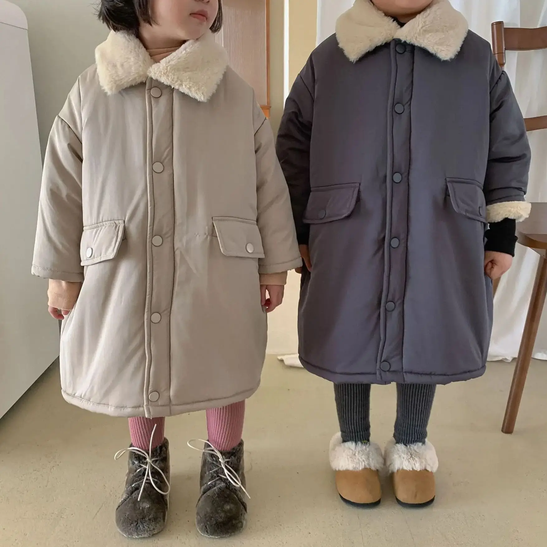 

Winter Warm Children's Coat Toddler Kids Fur Collar Long Quilted Coat Outerwear With Pockets Casual Jacket For Outdoor Clothes