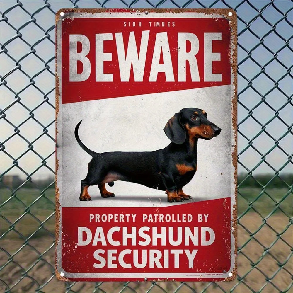 Dachshund Security Sign - Retro Aluminum Metal Wall Art with Pre-Drilled Holes, Waterproof & Weather Resistant, for Garden, Bedr