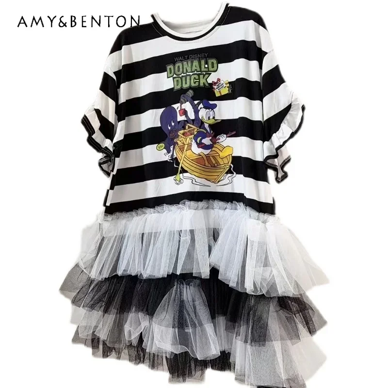 

New Cartoon Dresses Mesh Stitching Black White Striped Loose All-Match Summer Short Sleeve Mini Dress Y2k Accessories