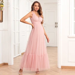 New Women Elegant V-neck Sleeveless Tulle Evening Dress A-Line Fluffy Gauze Wedding Bridesmaid Party Dress