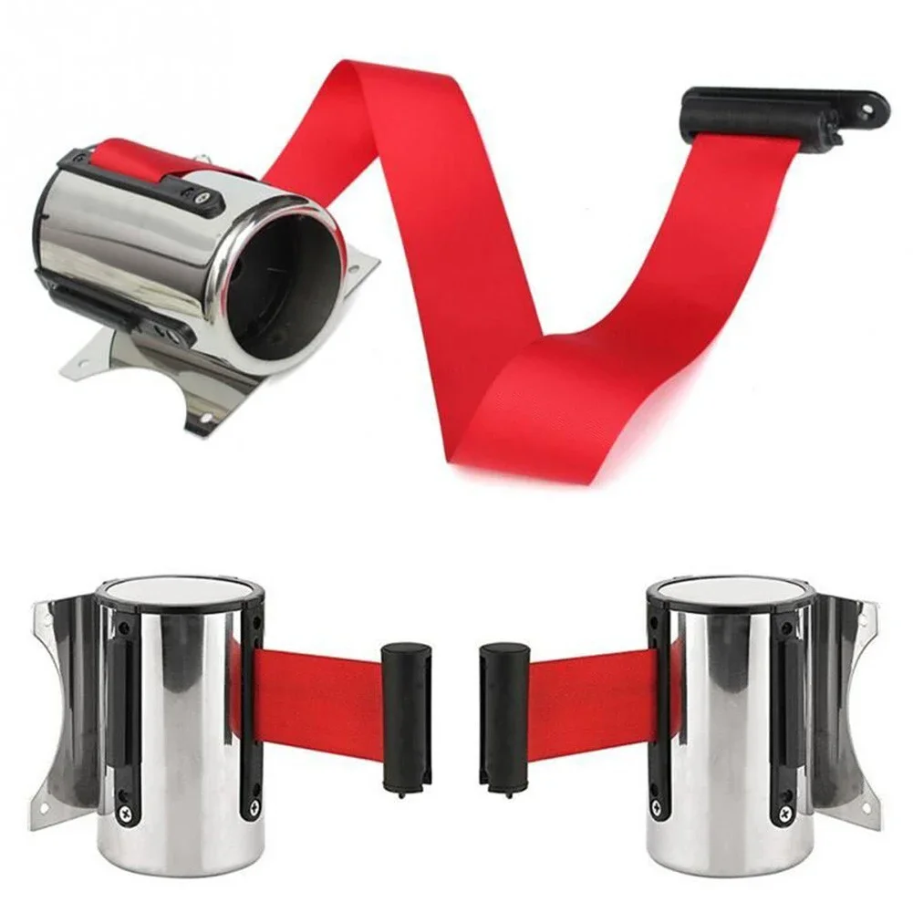 1pc Retractable Ribbon Barrier Crowd Control Outdoor Stainless Steel Wall Mount Red Belt Sport Stanchion Queue Rope Barriers