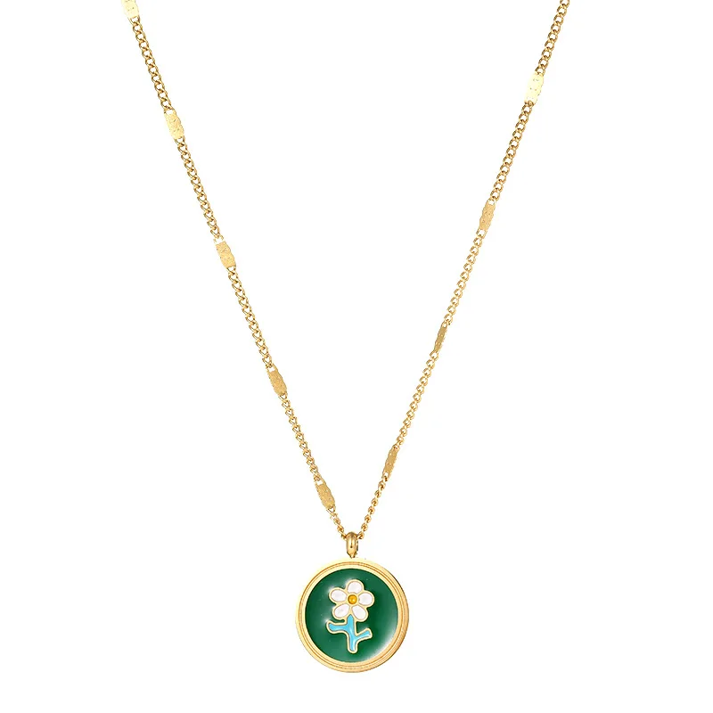 New stainless steel vintage Green floral necklace Gold color pendant necklace Women Party Jewelry