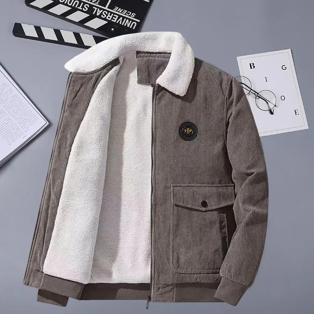 

Men Corduroy Jacket Warm Corduroy Lapel Jacket With Plush Lining Full Zipper Closure For Men Solid Color Outwear With Flap