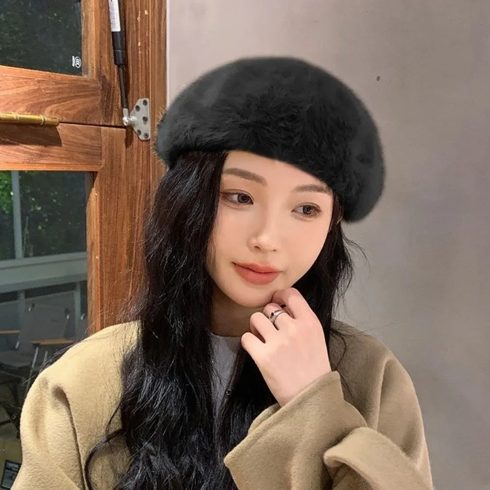 

Fashion Cloud Women Berets Plush Keep Warm British Beanie Hat Solid Color Elastic Artist Hat Girls