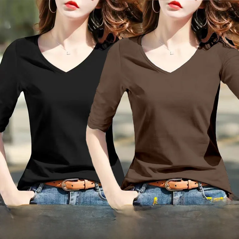 Two-Piece Modal V-Neck T-Shirt Women's Spring Summer New plus Size Inner Wear Five-Quarter Sleeve Trendy Women's Top