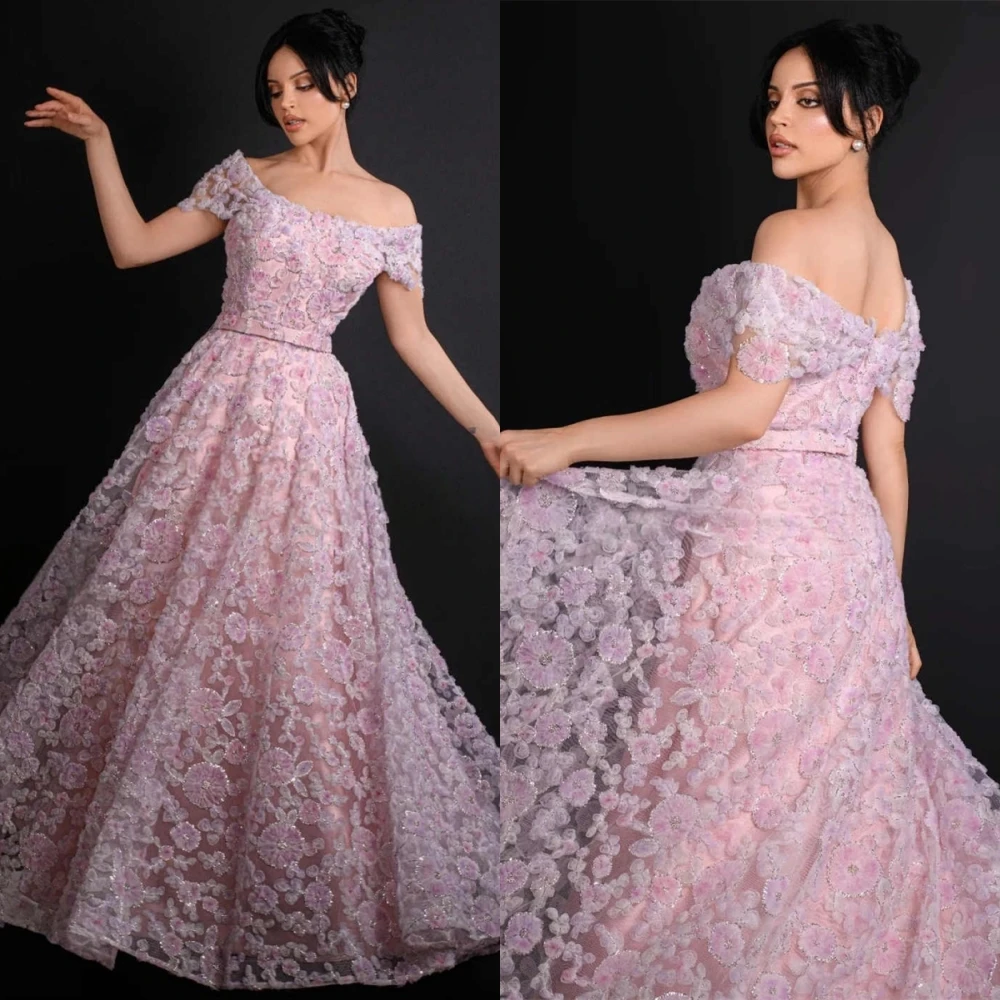 

Customized Exquisite Tulle O-Neck Evening Dress Delicate Flowers Prom Dresses Classic Off the Shoulder Special Occasion Gowns