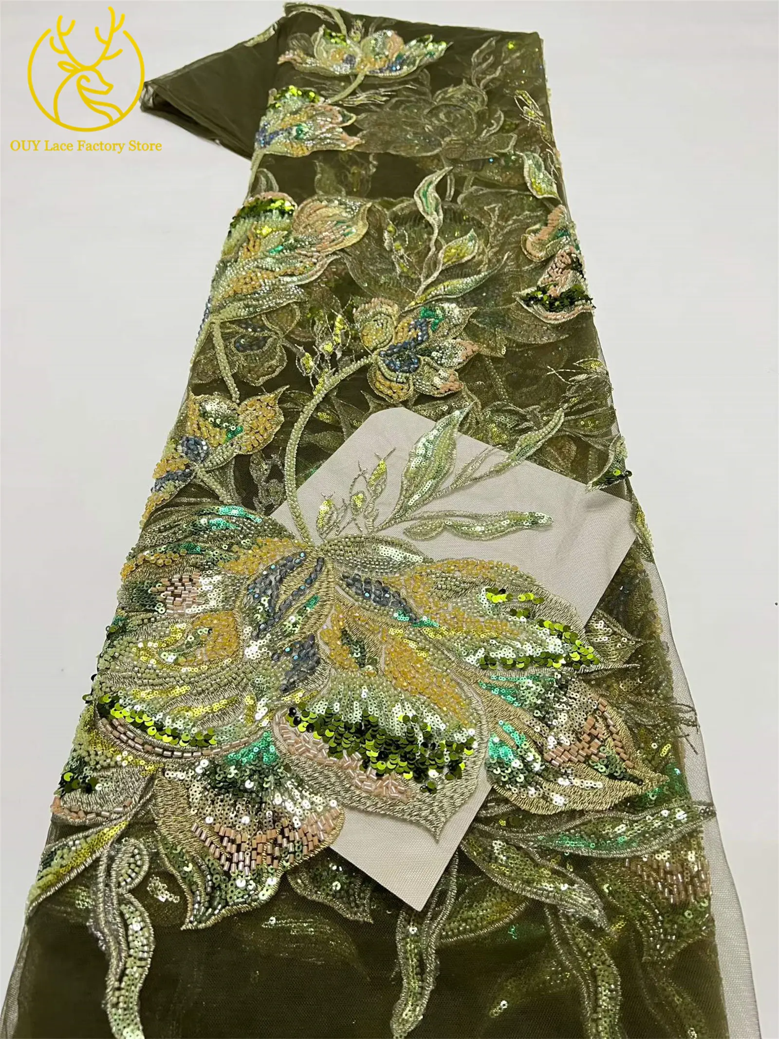 Luxuriöser afrikanischer Brautkleidstoff mit Stickerei, großen Blumen und Perlen, 5 Yards, hochwertiger französischer Pailletten-Spitzenstoff zum Nähen von Kleidern – Detail 20