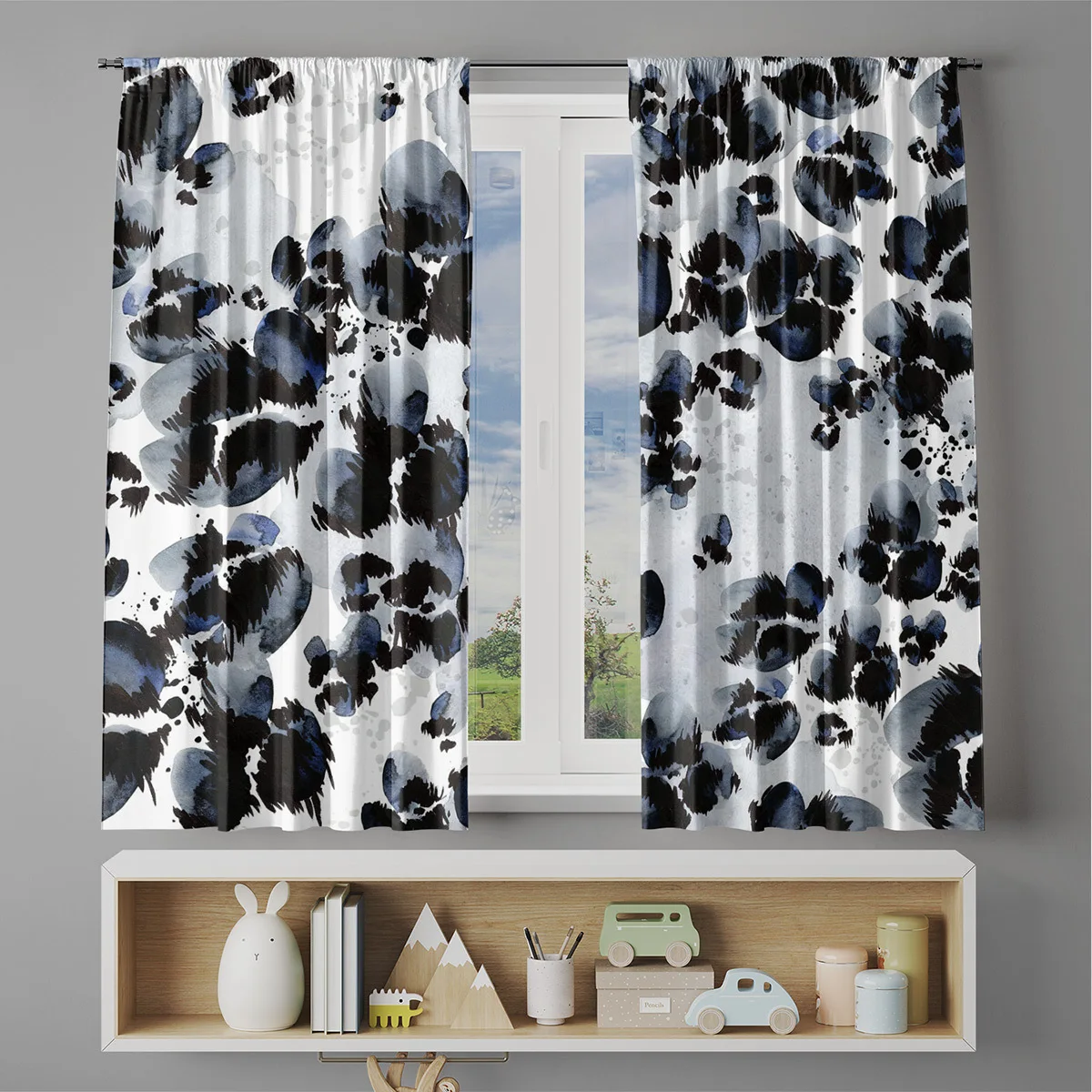 Modern Watercolor Abstract Curtain Panels Black Blue Splatter Print Window Curtains Home Decor Decoration Accent
