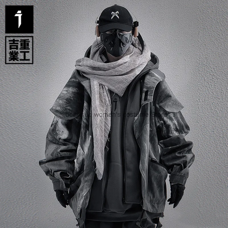 

Jiye Heavy Industry National Trend Autumn Winter Wasteland Style Frayed Hem Fake Two-Piece Jacket Unisex Loose Hooded Jacket