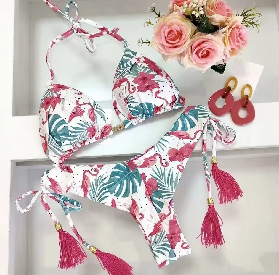 

RUOTONSEPT 2024, новый сексуальный бандажный комплект бикини с принтом, женский купальник с лямкой на шее, треугольный купальник с лямкой на шее, купальный костюм, бразильские бикини