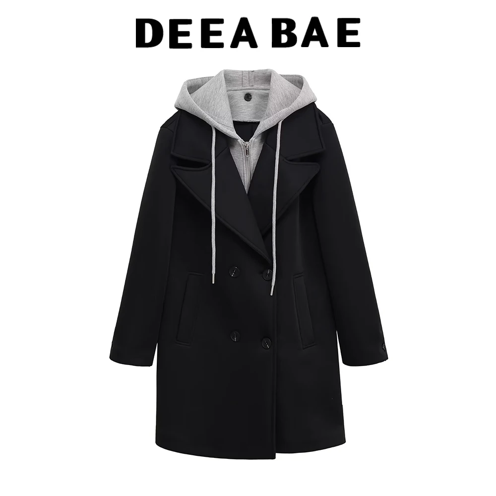 

DEEABAE 2025, осенний новый продукт, женское повседневное черное пальто со съемным капюшоном и длинными рукавами, пальто