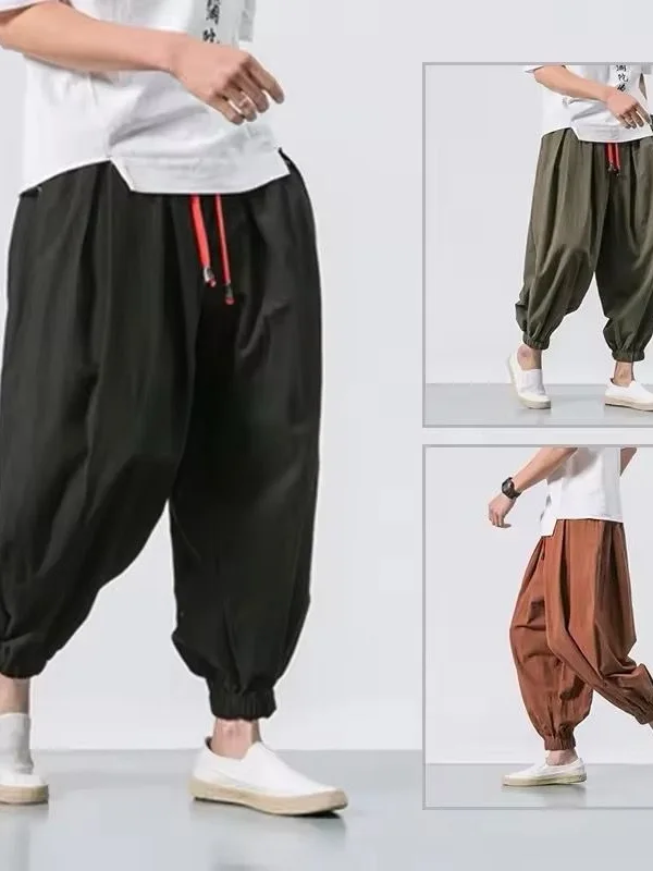 

New Men's Casual Loose Trousers Harlan Nine Points Breathable Cotton Linen Lantern Pants Comfortable Qui Dry Lightweight