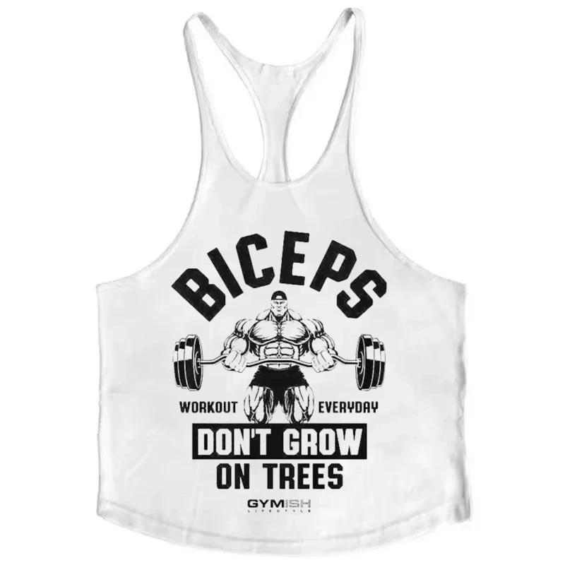 2026 Herren Y-Back Gym Tanktops mit „Biceps Don't Grow on Trees“-Print aus atmungsaktiver Baumwolle – Ärmellose Weste für Bodybuilding und Armtraining – Detail 11