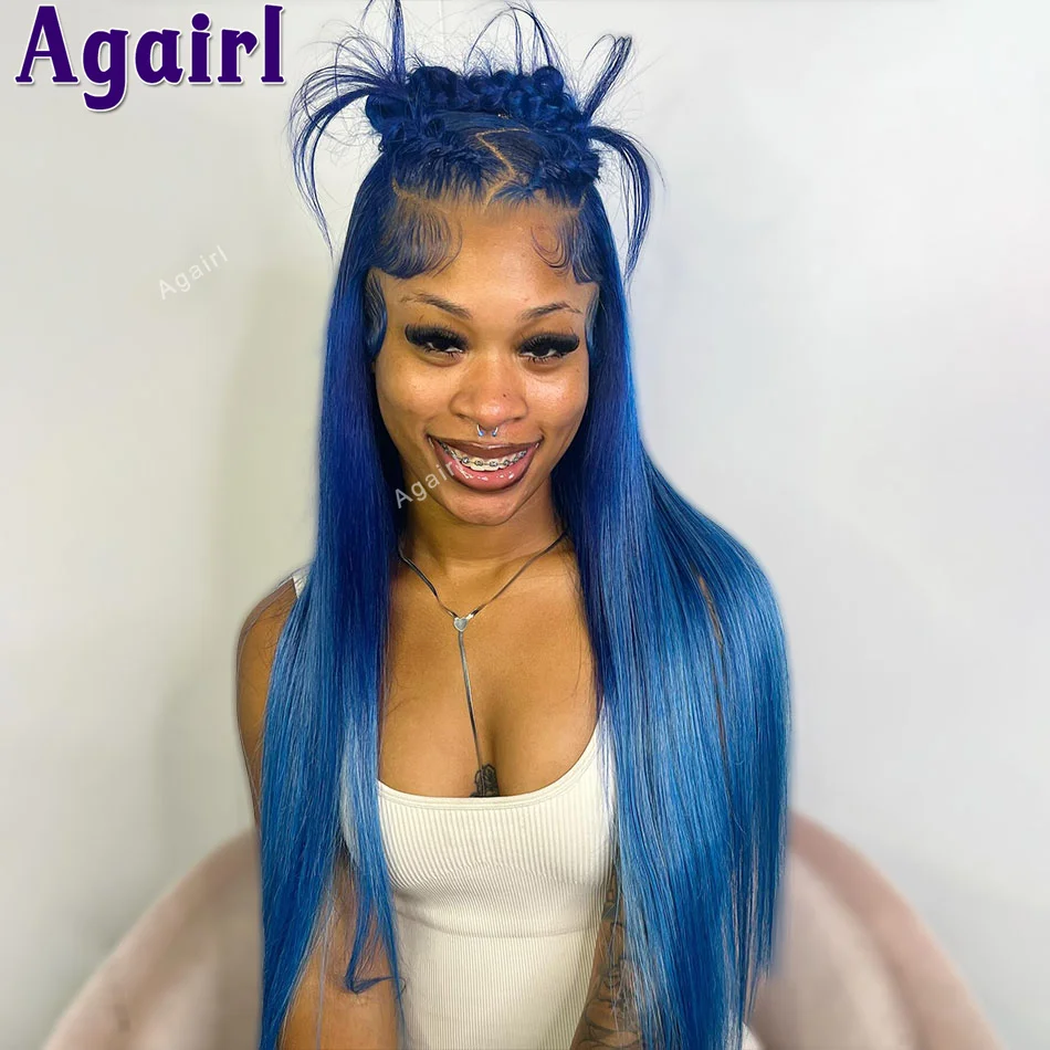 Navy Blue Bone Straight Lace Front Wig 13x6 13X4 Colored Lace Frontal Human Hair Wigs Pre Plucked Brazilian 32 Inch 6x4 Lace Wig