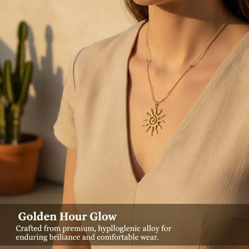 Spiral Sun Bohemian Jewelry Set Gold Plated Tarnish Resistant Necklace Earrings for Women Beach Party Accessory