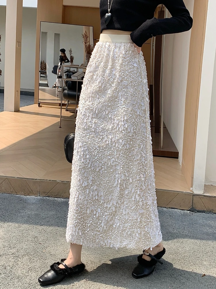 

Small Fragrant Style Sparkling Glitter Middle length Skirt Women Autumn and Winter High Waist Back Split Sexy Half Skirt