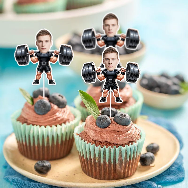 12/24 Stück Personalisierte Foto-Cupcake-Topper für Gewichtheber, Lustige Gesichts-Cupcake-Stecker, Hantel-Muskelmann-Porträt Kuchendekoration