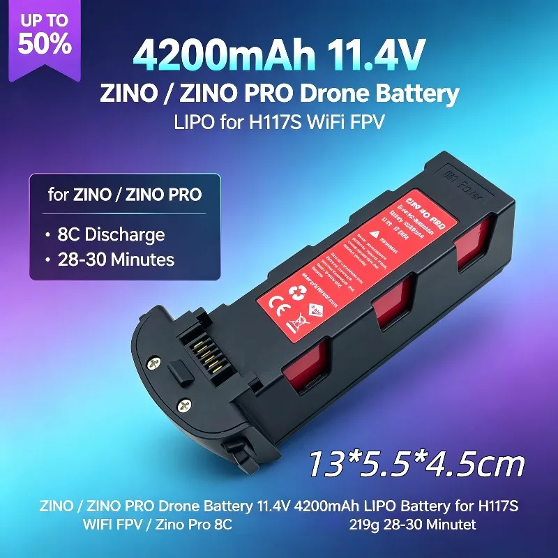 ZINO/ZINO PRO Drone Battery 11.4V 4200mAh LIPO Battery for H117S Wifi FPV/Zino Pro 8C 13*5.5*4.5cm 219g 28‑30 Minutes