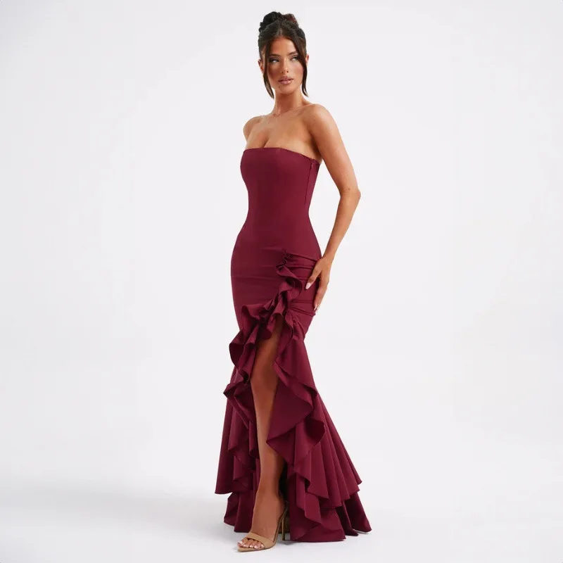 

Elegant Ruffle Backless Long Dress Women Sexy Slim Split Slash Neck Chest Wrapping Sleeveless Party Evening Dress