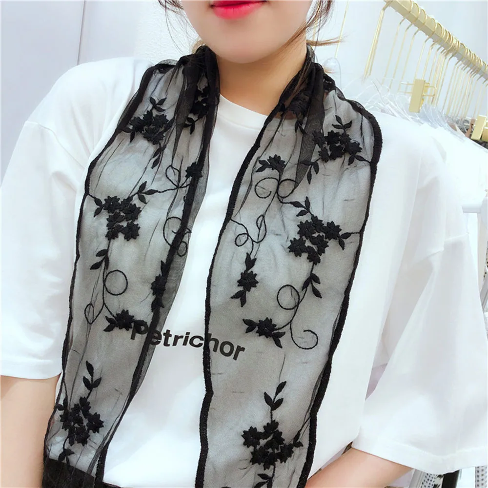 Lace Scarf Transparent Gauze Flower Long Silk Neck Scarf Hair Band Hollow Floral Head Neck Scarves Headscarf Mesh Small Shawl