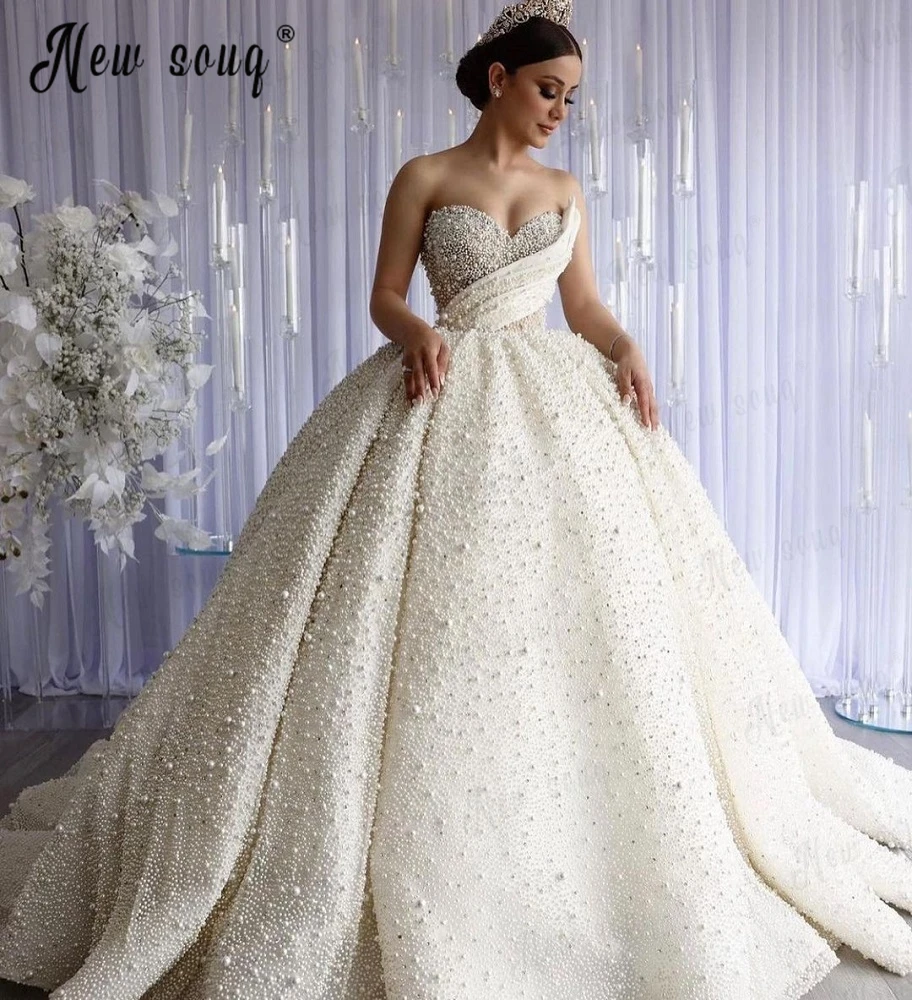 Modern Full Pearls Wedding Dress Dubai Muslim Princess Bridal Dresses Luxury 2024 Vestido De Noiva Plus Size Wedding Gowns