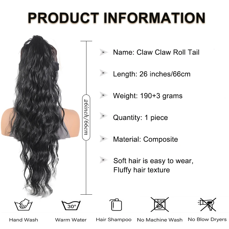 Ponytail Extension -26 inch Claw Clip Long Wavy Ponytail Synthetic Hair Piece, Suitable for Women's Gatherings and Daily Use