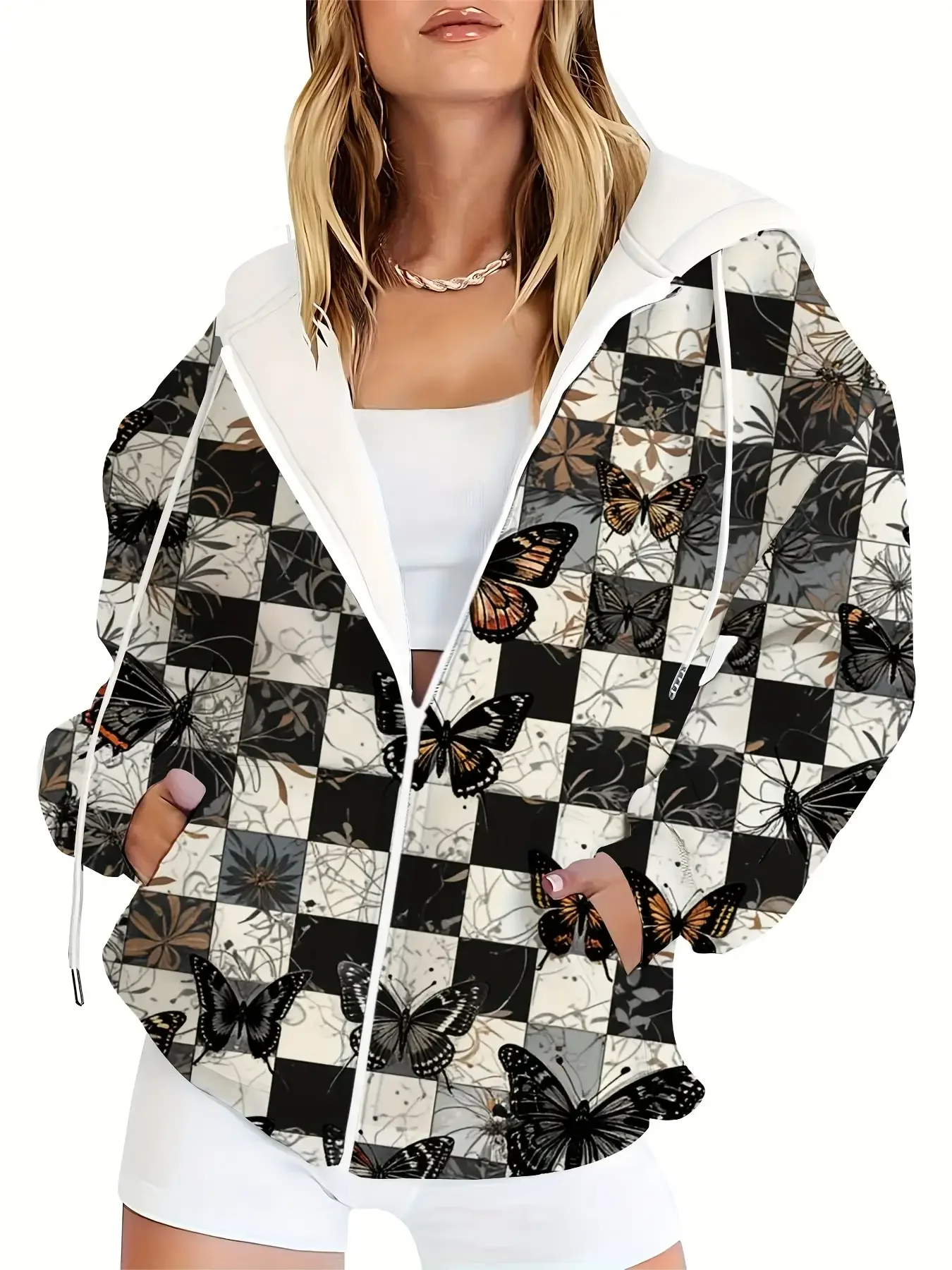 

Oversized casual sportswear, women's oversized striped color block printed zipper drawstring hooded sweatshirt