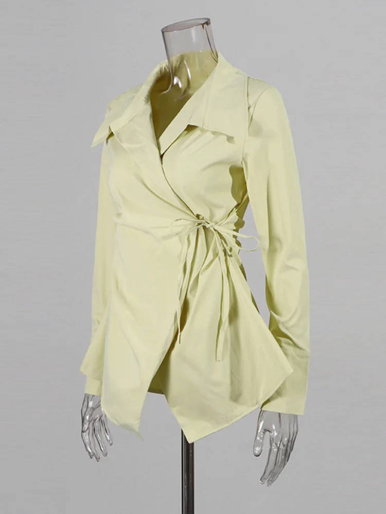 ZMEENNA المرأة غير المتماثلة التفاف بلوزة التعادل الخصر قميص غير رسمي بأكمام طويلة الخامس الرقبة بلون تونك ZM3941