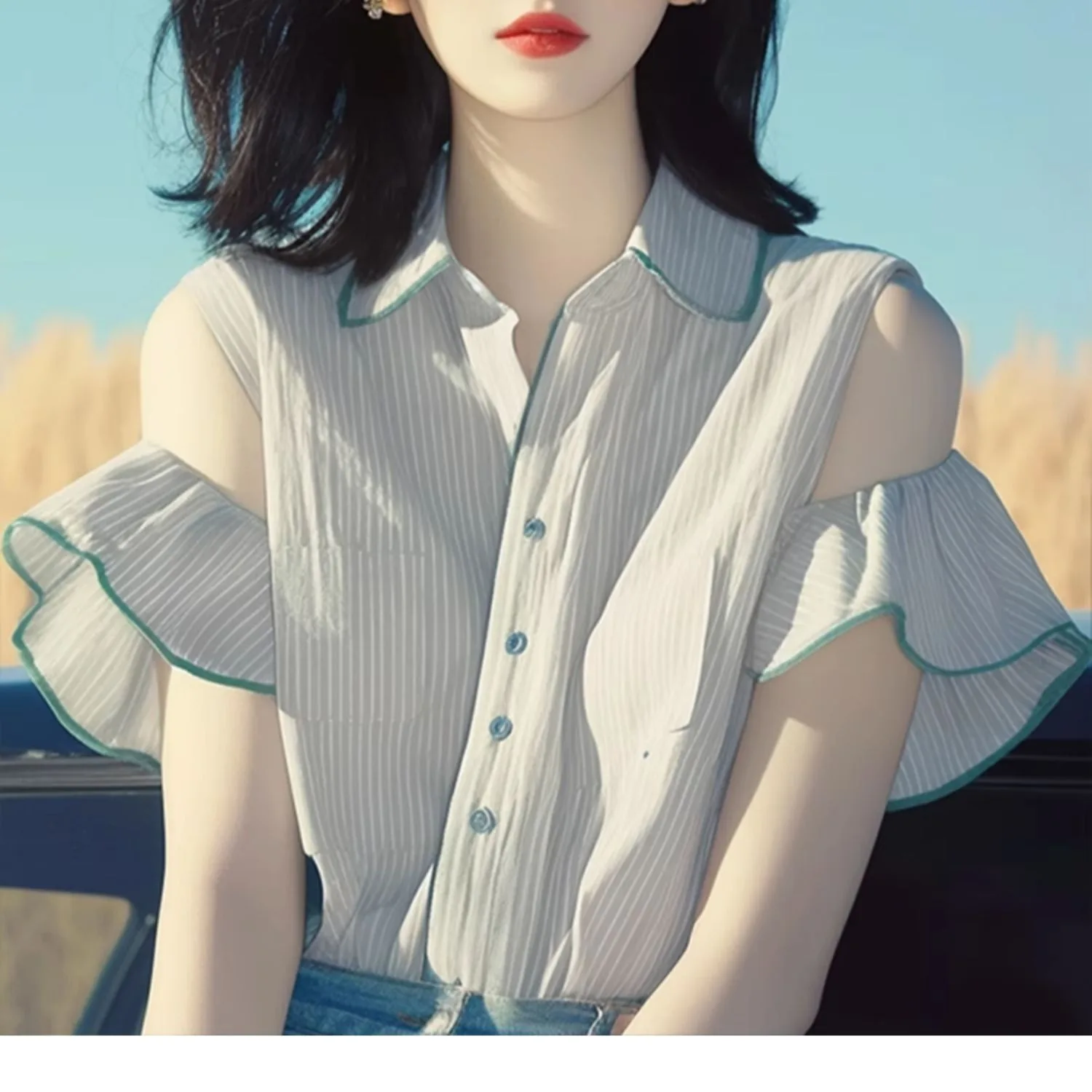 Único hermoso blanco rayas o hombro Bared ort Sve irt novedad de verano Sle Sweet Sle fibra de poliéster 00% Top de mujer