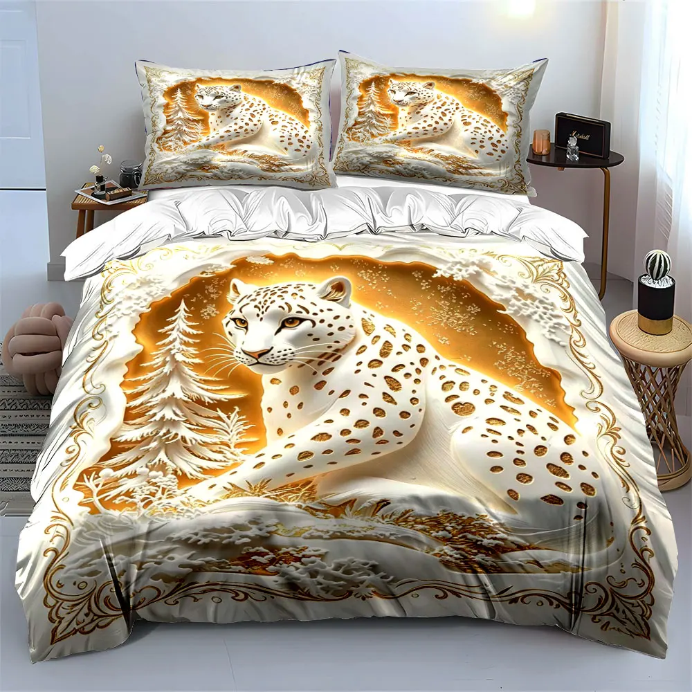 3pcs Quilt Cover Set,Cute tiger Relief Leopard Print Duvet Cover Set,Bedroom Quilt Decor,Gift(1 Duvet Cover+2 Pillowcases)