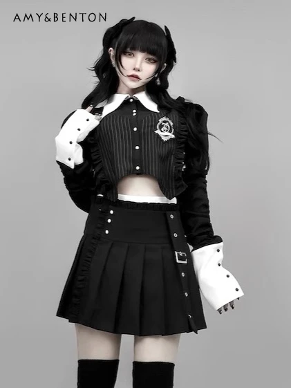

Goth Retro Dark Preppy Style Suit Long Sleeve Pointed Neck Pleated Edge Long Sleeve Shirt Pleated Skirt Two-piece Set Subculture