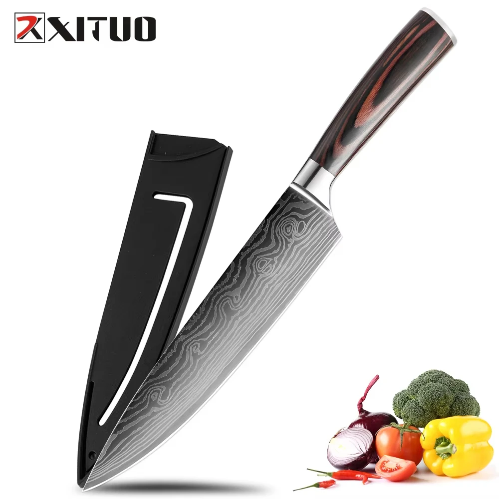 

XITUO Kitchen Chef Knives 8 inch Classic pattern Japanese Stainless Steel Sanding Laser Pattern Vegetable Santoku Knife