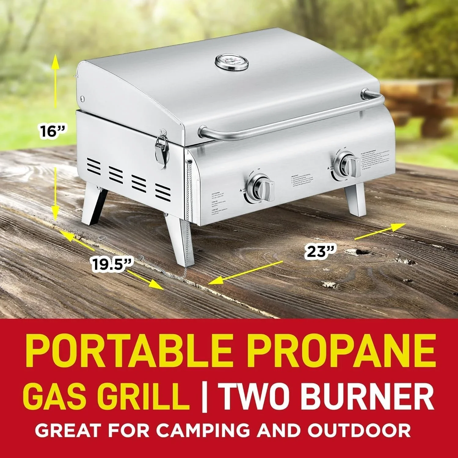 

Portable Stainless Steel Gas Grill - 2 Burners Easy Clean Tabletop BBQ Propane Gas Grill with Foldable Legs and Wind Proof Lid