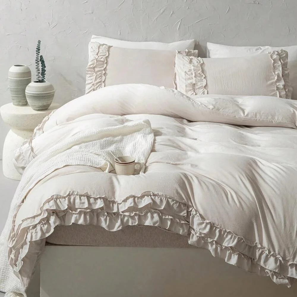 3pcs koren ruffles beige Duvet Cover Set (1*Duvet Cover + 2*Pillowcase, Without Core),pink Bedding Set