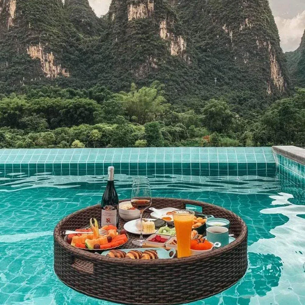 Round Rattan Woven Serving Tray Rattan Floating Breakfast Tray With Handles Swimming Pool Floats For Adults For Sandbars Spas