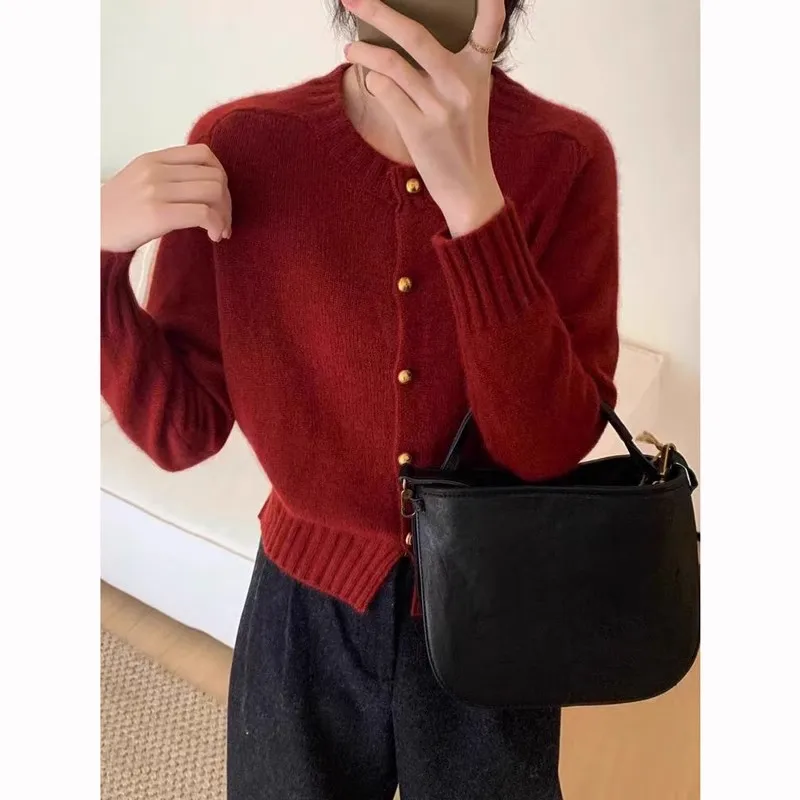 

Red autumn and winter cardigan for women pure cashmere sweater top European high-end knitted sweater coat