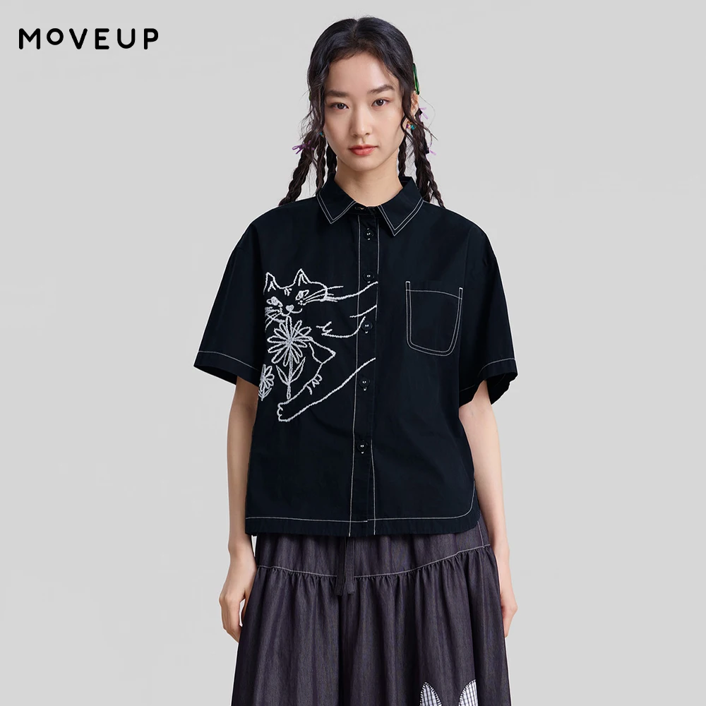 

Женская рубашка MOVEUP с коротким рукавом, новинка весны 2026, из чистого хлопка, с вышивкой в виде мультяшного кота, с изогнутым подолом, повседневная рубашка для женщин 3ELC20443