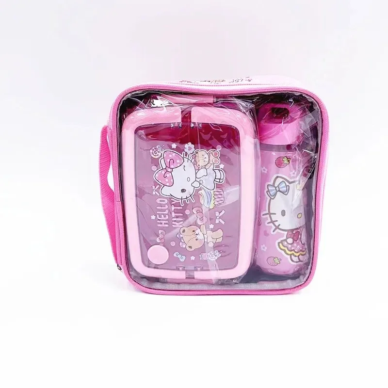 Kawaii Hello Kitty Lunch Box bollitore vestito MINISO Anime Kuromi bambini Cartoon tre griglia Lunch Box paglia tazza d'acqua nuovo