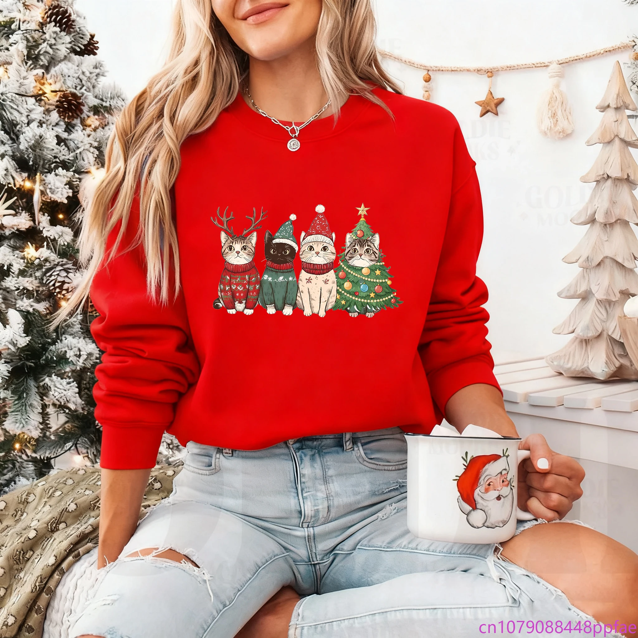 

Women's Cute Christmas Cat Print Sweatshirt Outdoor Long-Sleeve Crew Neck Christmas Pullover Christmas Cat Sweatshirt