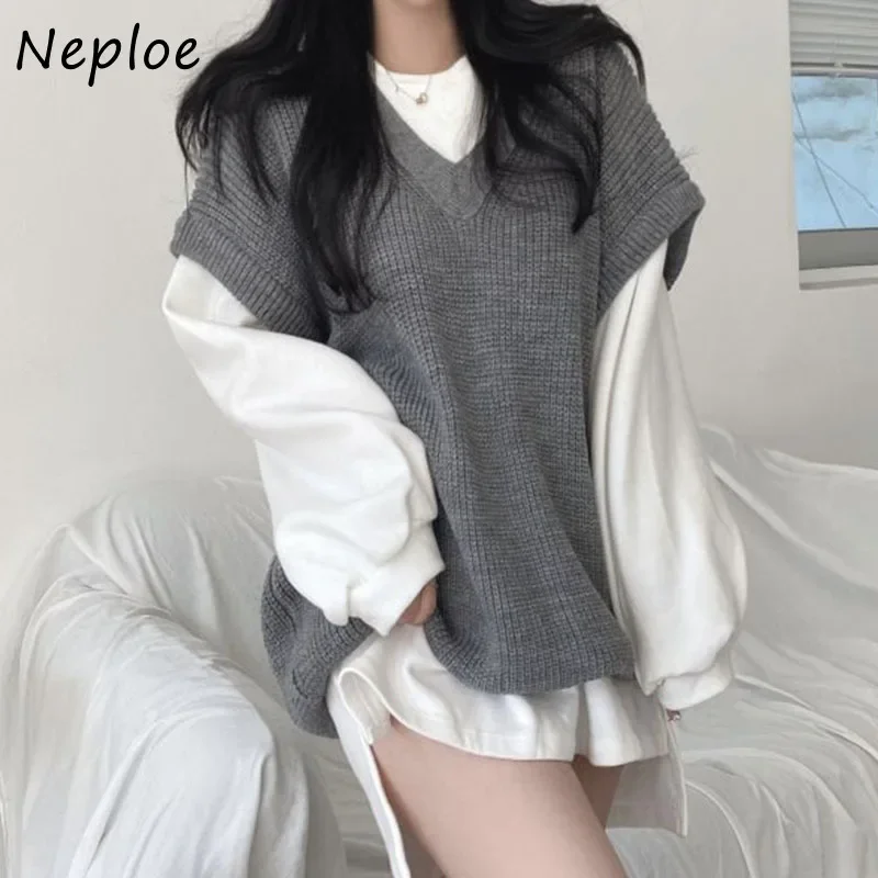 Neploe Autumn 2024 New All-match Split Sweater Vests Women Solid Color Knitted Vest Woman Loose Casual Outerwear Tops Mujer