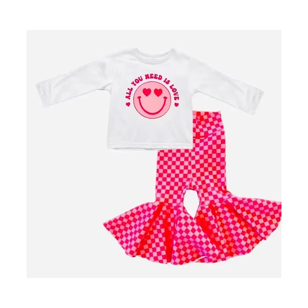 New Girls Valentines Smiling Face Clothing Long Sleeves Top Heart Plaid Bell Bottom Pants 2-Piece Set