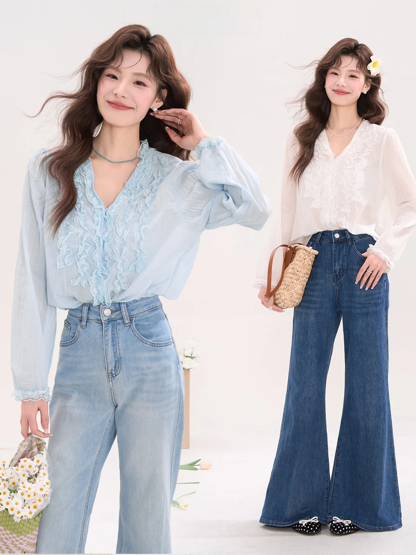 

Romantic Lace Long Sleeve V-Neck Cotton Shirt Women's Loose Fit Shirt Romantic Style Pure Color Glass Island Youthful Reduction