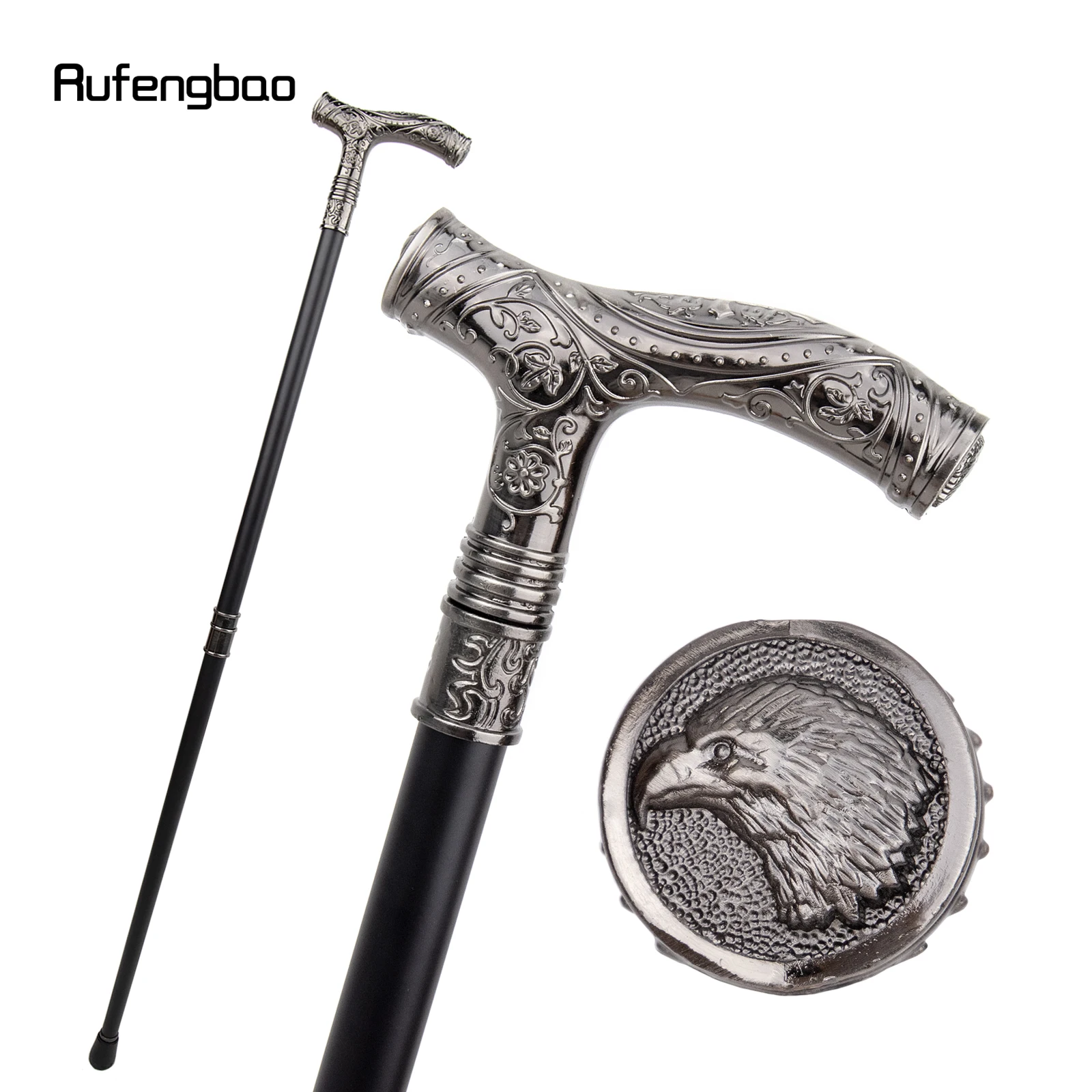 Silver Eagle Head Flower Totem Relief Walking Cane Fashion Walking Stick Gentleman Crosier Knob Walking Stick 93cm