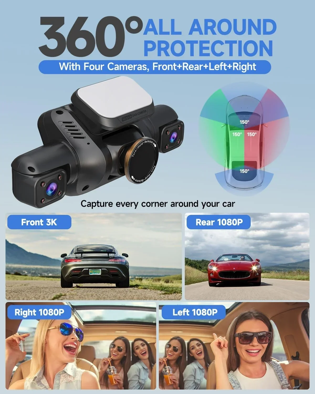 Hot Sale AD360 Full HD 4 Camera Car Dvr 3.0 Inch Screen Wifi GPS Car Camera WDR 4 Channel Dash Cam With CPL Filter Dash Camera