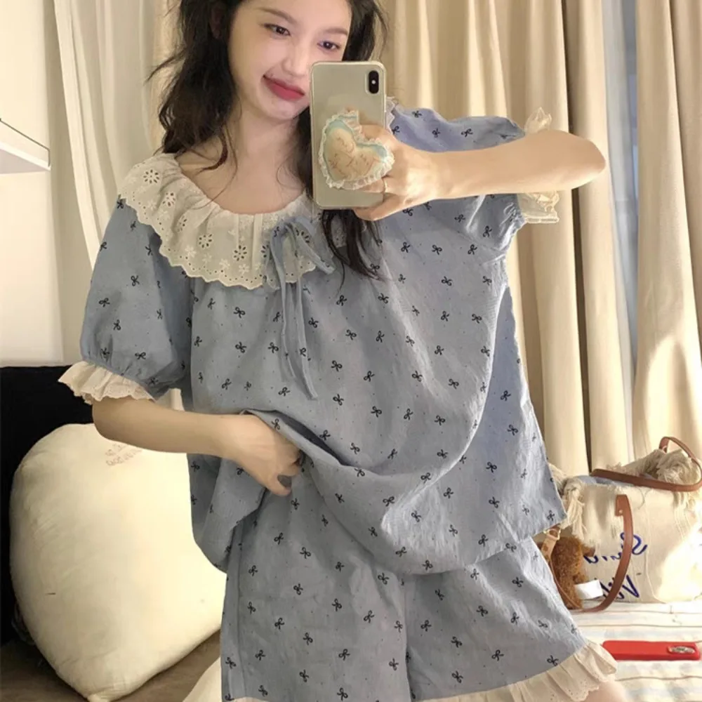 

Lace Ruffle Lace Grid Pajama Suit Round Neck Short Sleeve Shorts Camisole Nightwear Women Homewear Loose