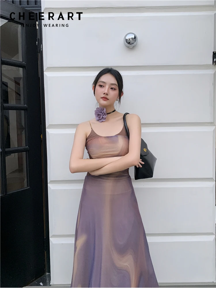 CHEERART Oil Painting Purple Backless Long Beach Dress For Women 2023 Vacation Outfits Bodycon A Line Ladies Midi Slip Dress