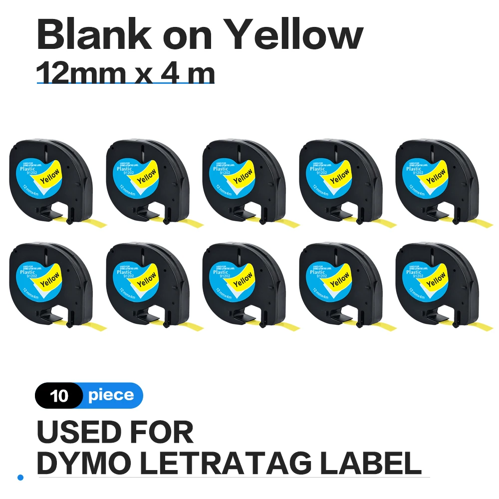 10PCS 12mm LetraTag LT91202  LT 91202 Labelling tape Plastic Black on yellow for Dymo letra tag Machine LT-100H, LT-110T, QX 50