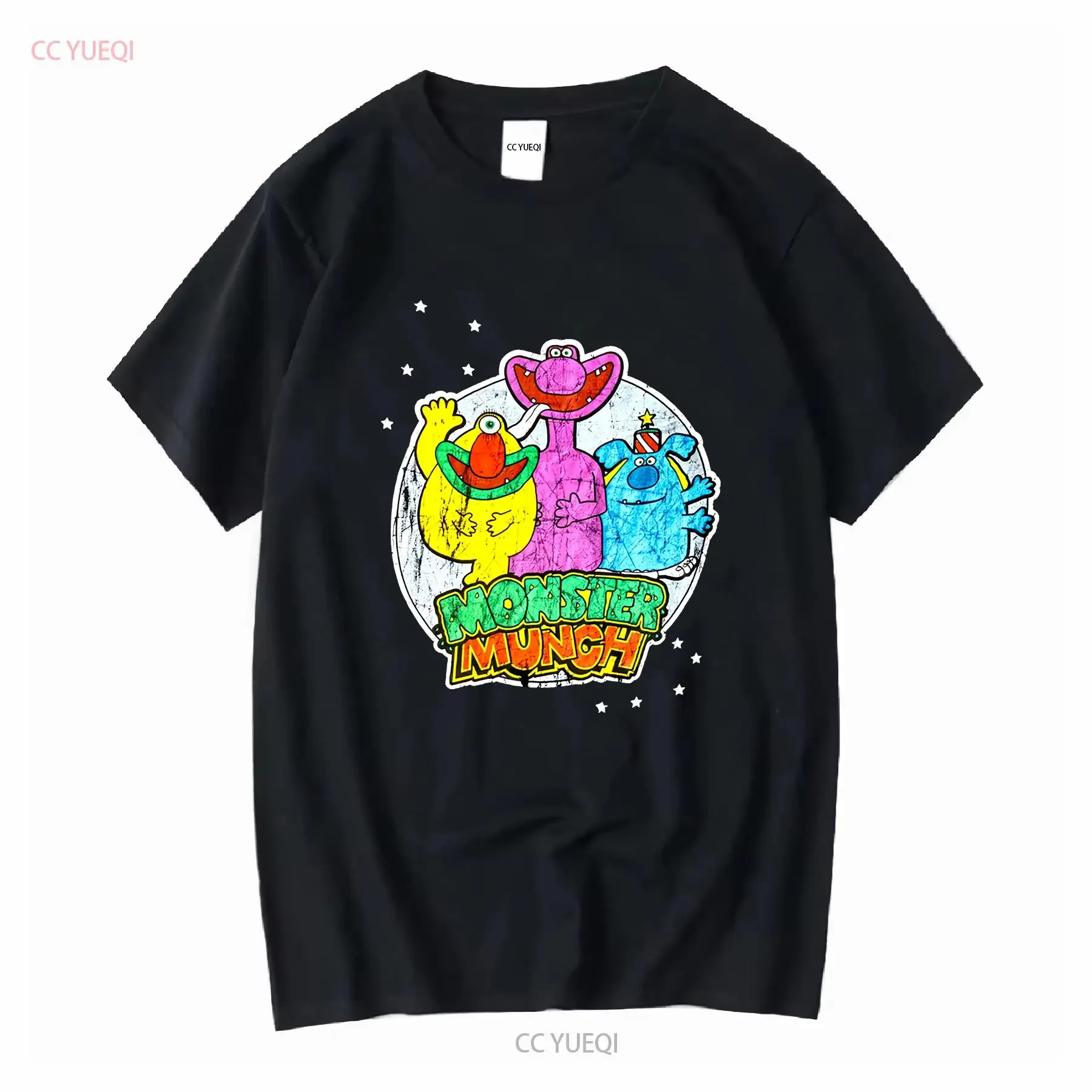 Monster Munch Black d T-Shirt für Herren, Vintage-Stil, gewaschen, Unisex, weich, für Herren, modisch, atmungsaktiv, für den Alltag, gestreckt